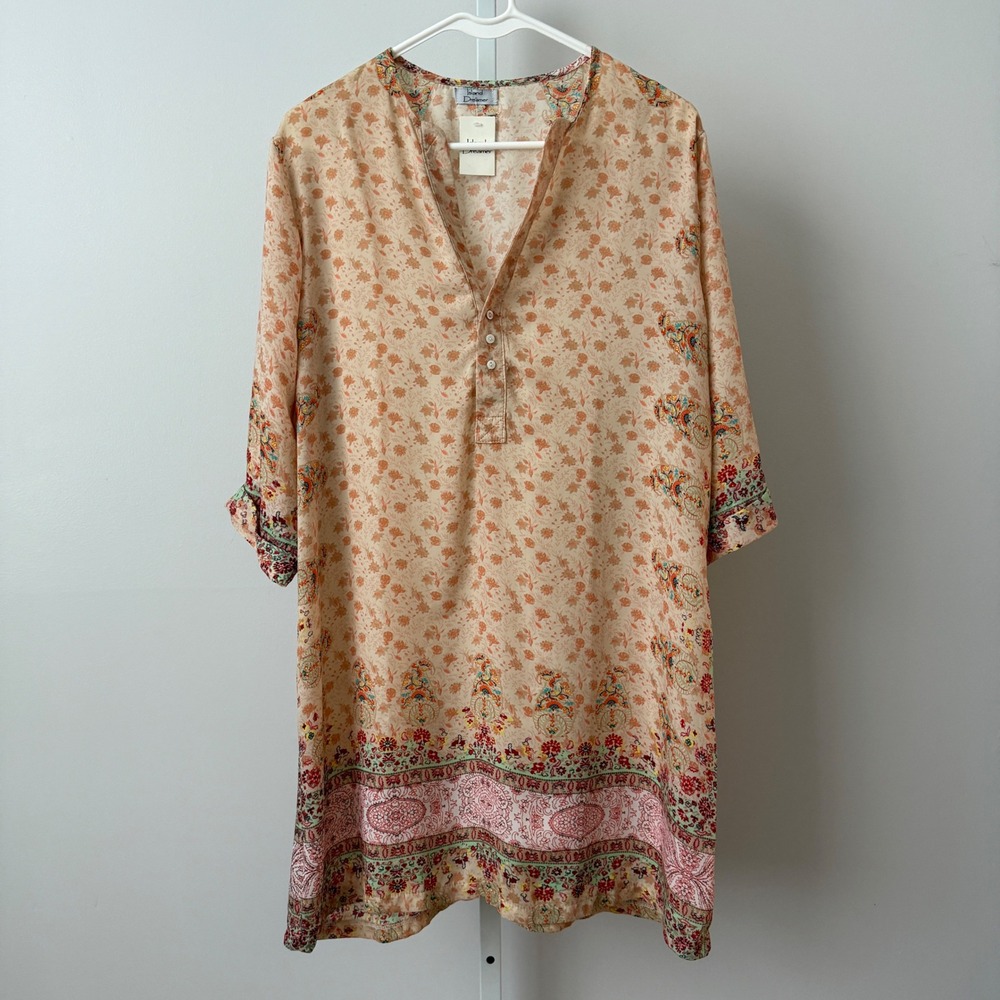 Island‎ Dreamer Silk Boho Beachy Floral Paisley Victoria Shirt Dress O/S Coral